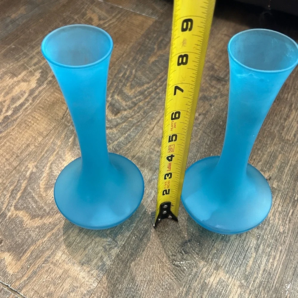Set of 2 Satin Blue Bud Glass Vases Made in Japan‎ Mid Century Modern